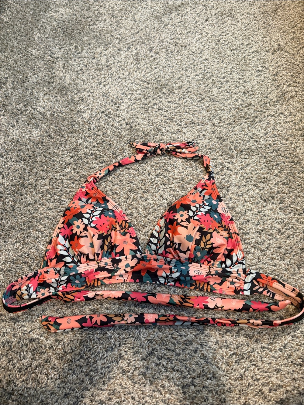 Floral Halter Bikini Top in Coral Pink & Teal